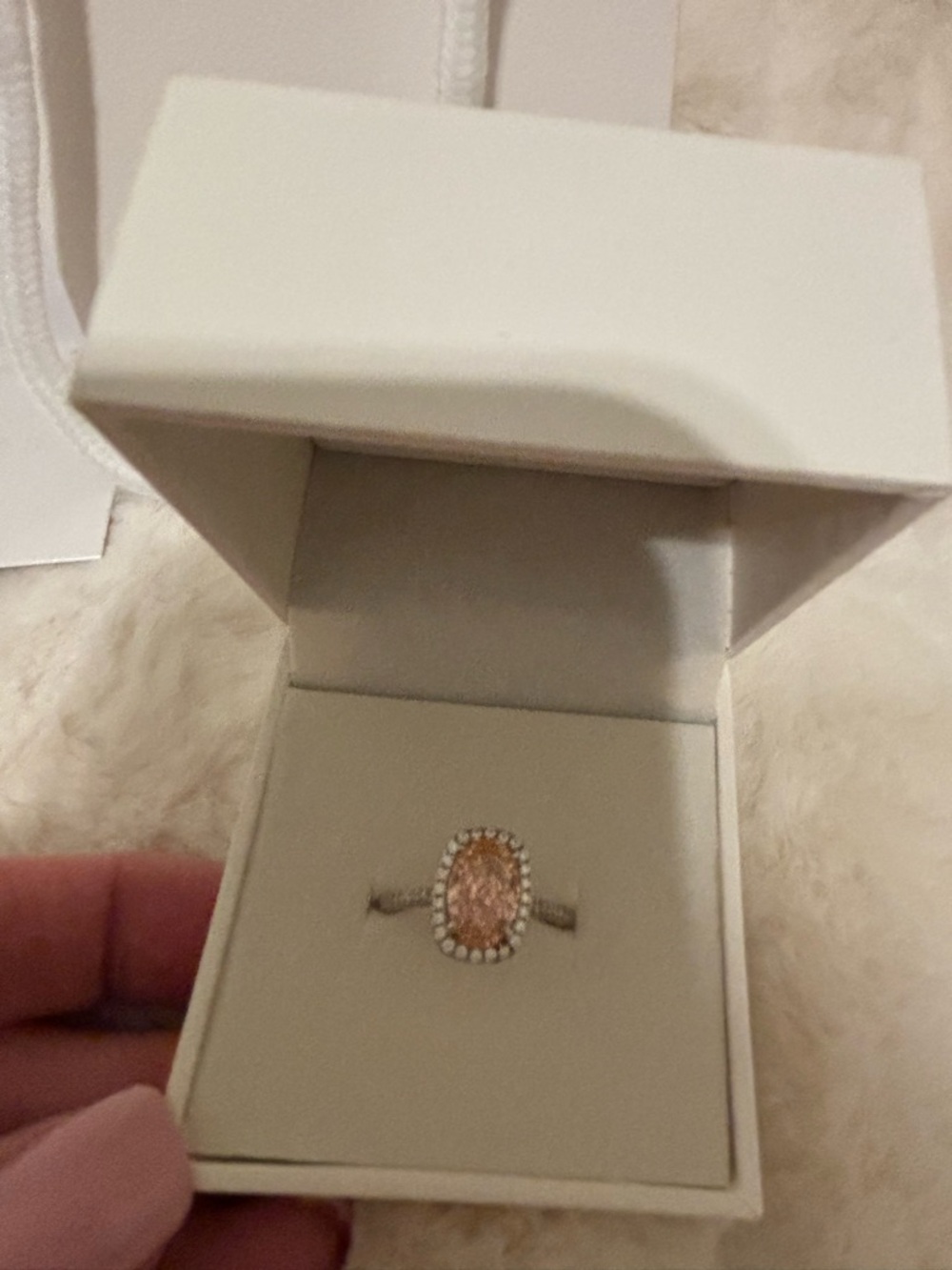 Maxine Oval Pink Stone Halo Ring - white gold / silver - Size 7.5